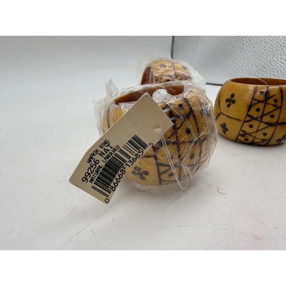 Pier 1 Imports Wood Napkin Rings Set of 4 Hand Painted Tribal Boho Rustic